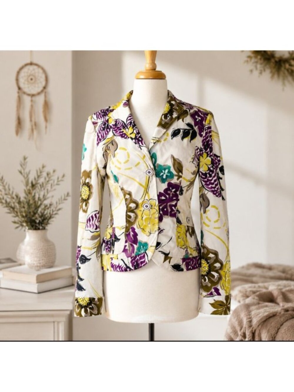 ETRO Milano Italy Floral Cotton Blazer Jacket Belted Purple Yellow IT 46 US 10 L - Picture 3 of 16